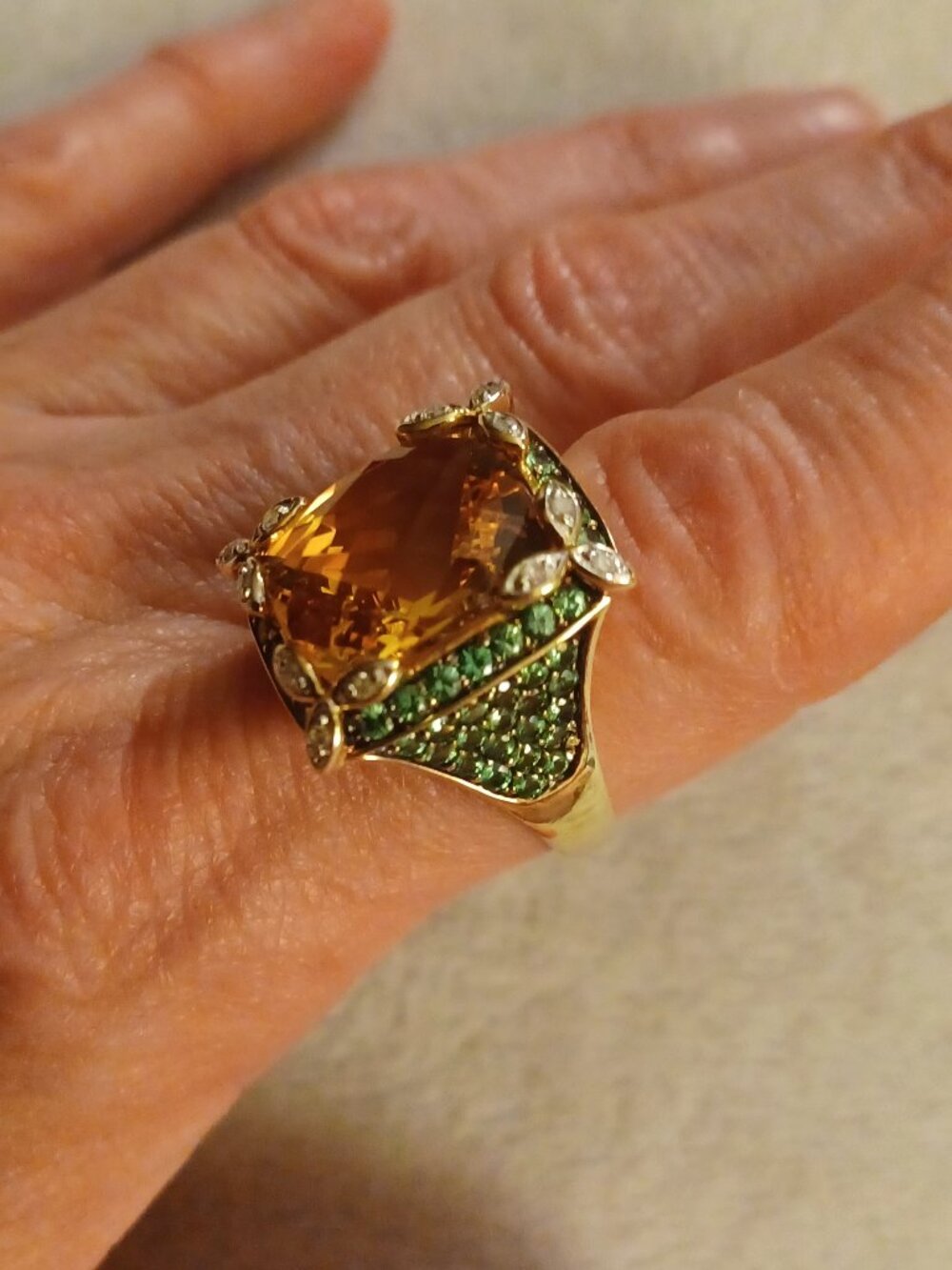 14k YG Green and Orange Topaz Ring